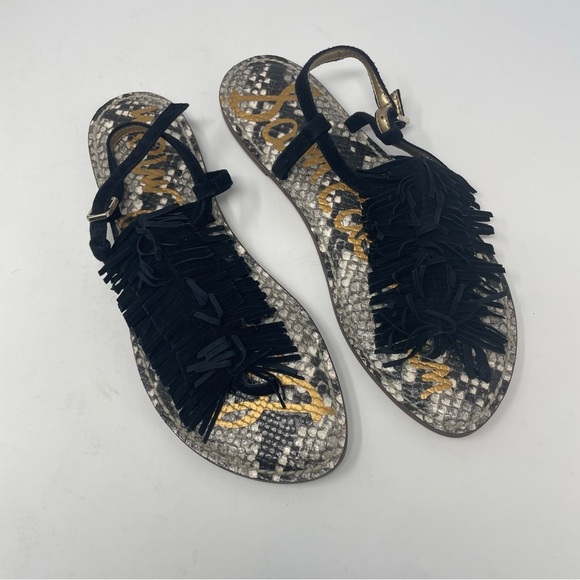Sam Edelman Gela Black Fringe Snake Print Sandals 8 1/2 - Picture 1 of 7